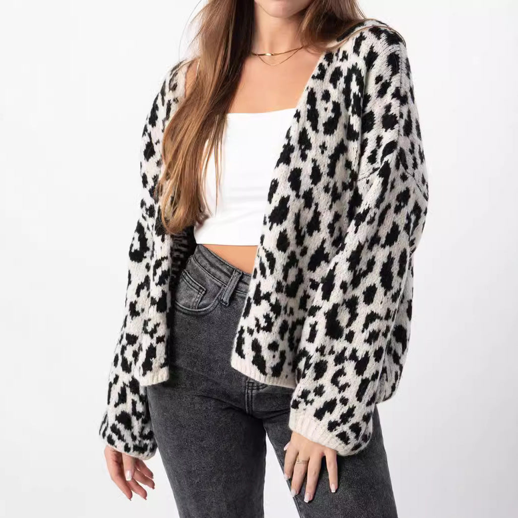 Damen Strickjacke Leopardenmuster Oversized Voluminöse Ärmel Norvielle - Norvielle