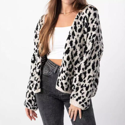 Damen Strickjacke Leopardenmuster Oversized Voluminöse Ärmel Norvielle - Norvielle