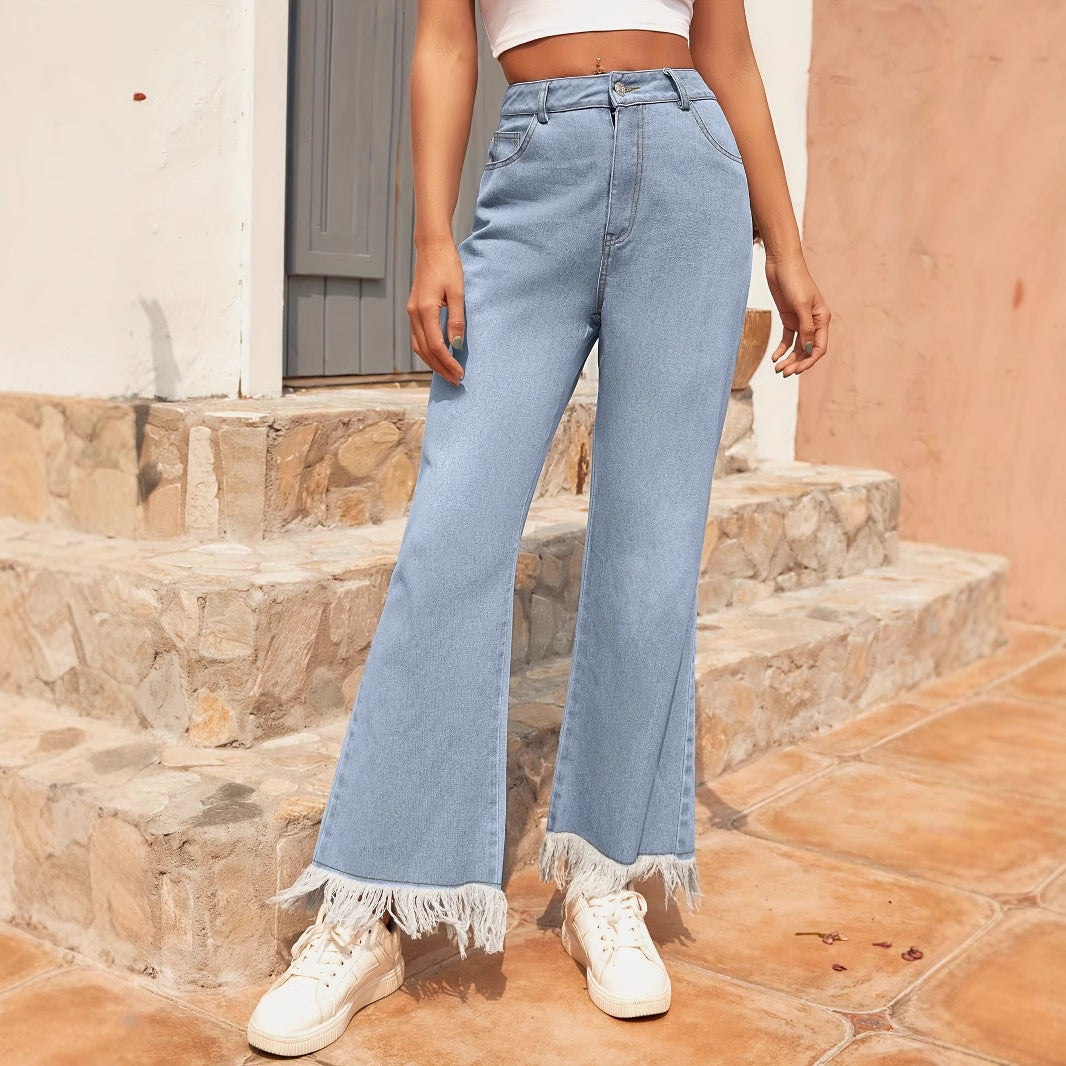 Damen Weite Flared Jeans mit Fransen Saum - Norvielle