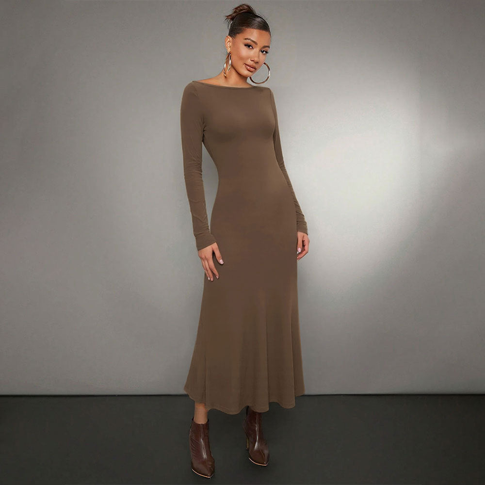 Damen Midikleid Langarm Rundhalsausschnitt Schwingender Saum Norvielle - Norvielle