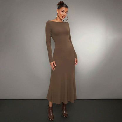 Damen Midikleid Langarm Rundhalsausschnitt Schwingender Saum Norvielle - Norvielle