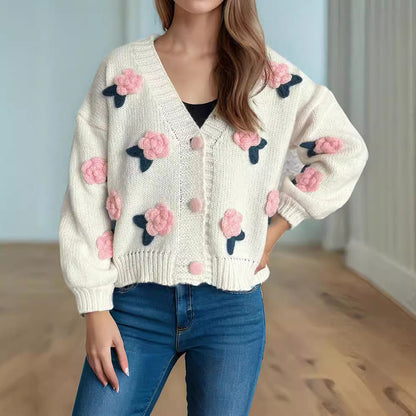 Damen Strickjacke Kuschelig Florales 3D-Design Große Knöpfe Norvielle