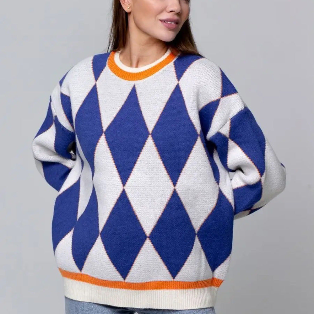 Damen Grobstrickpullover Diamantmuster Bunt