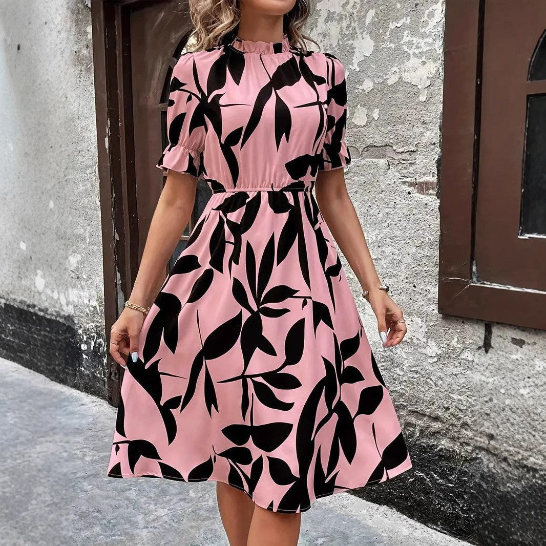 Damen Midi-Kleid Pflanzenmuster Gummizug