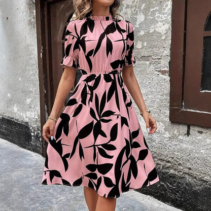 Damen Midi-Kleid Pflanzenmuster Gummizug