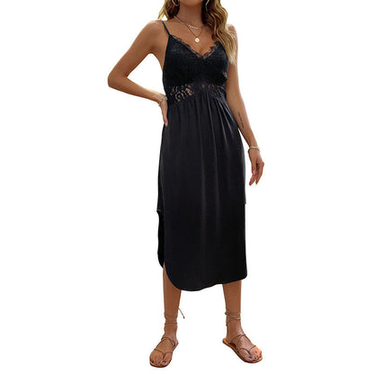 Damen Midi-Kleid Spitzendetails Spaghettiträger Norvielle