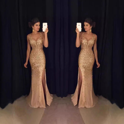 Damen Abendkleid Glitzernd Tiefes Dekolleté Figurbetonter Schnitt