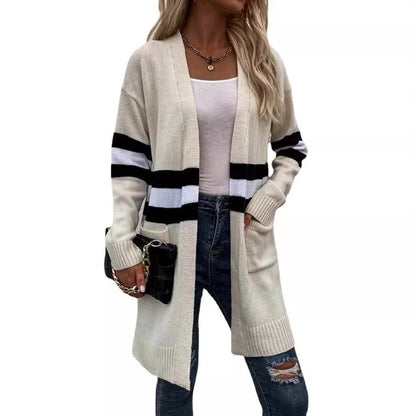 Damen Grobstrick Cardigan Lässige Streifen Tiefen Taschen Beige