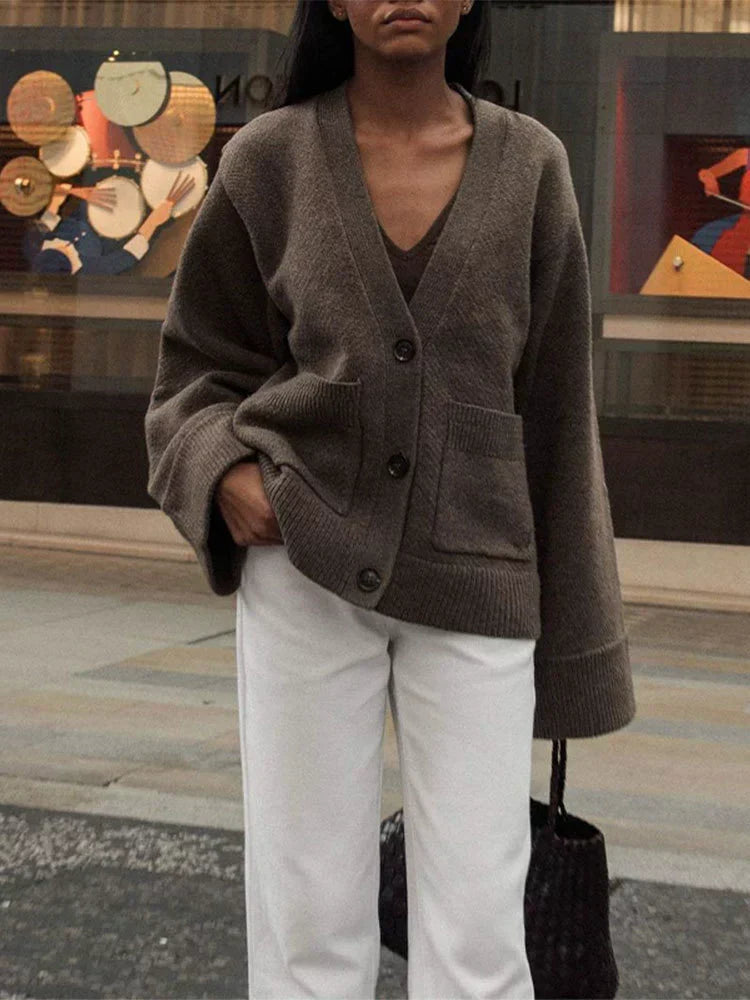 Damen Oversized Cardigan V-Ausschnitt Knopfverschluss - Norvielle