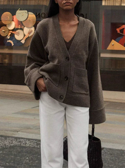 Damen Oversized Cardigan V-Ausschnitt Knopfverschluss - Norvielle