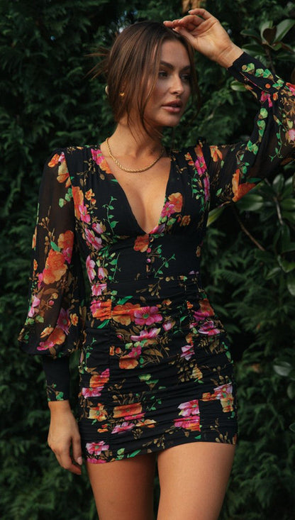 Damen Minikleid Floralmuster Rüschen Norvielle