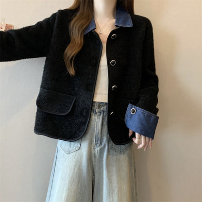 Damen Strickjacke Kontrast Ärmel Denim Norvielle