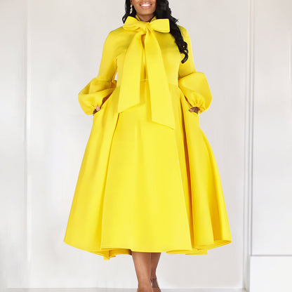 Damen Midi-Kleid Längere Puffärmel Elegante Schleife