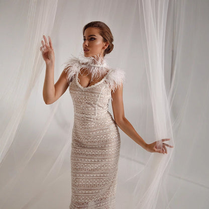 Damen Midikleid Pailletten federverziert Norvielle