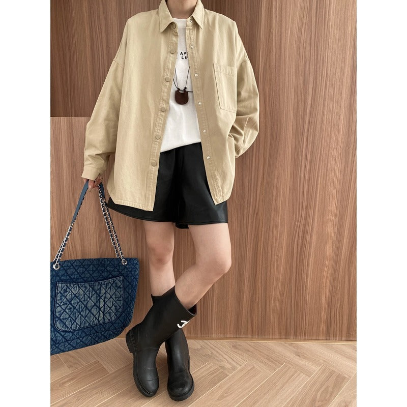 Damen Overshirtjacke Baumwolle Praktische Brusttasche Beige