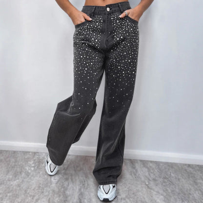 Damen High-Waist Jeans mit Glitzerdetails dunkelblau Norvielle - Norvielle