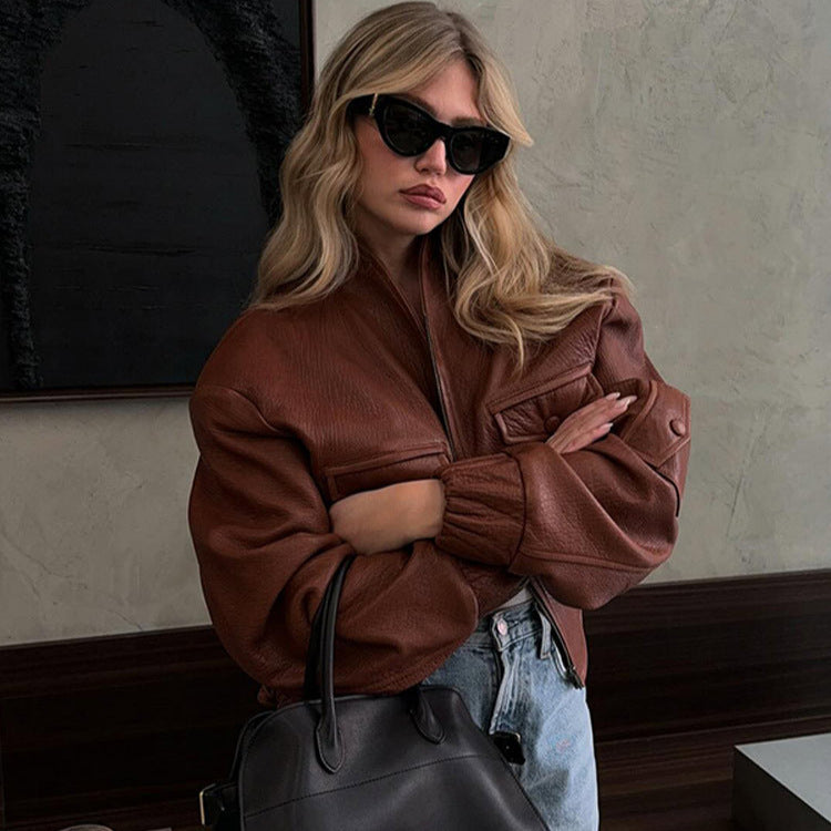 Damen Kunstlederjacke Dekorative Details