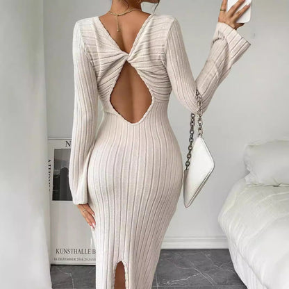Damen Langarm Strickkleid Rundhalsausschnitt Figurbetonter Schnitt