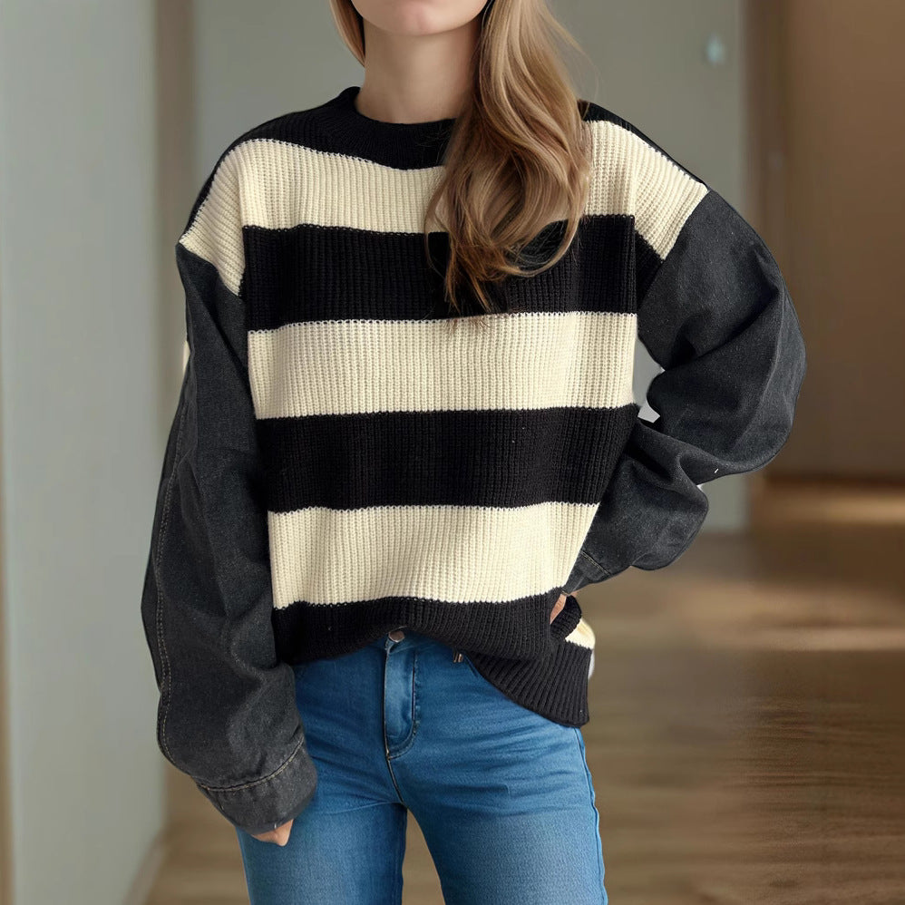 Damen Oversized Pullover Gestreift Weicher Baumwollmix Beige - Norvielle
