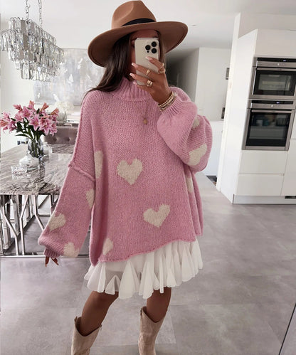 Damen Oversized-Pullover Herz-Muster Voluminöse Ärmel Norvielle