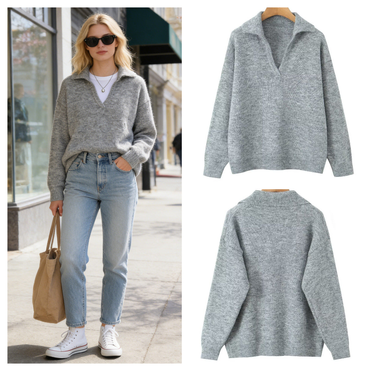 Damen Strickpullover Stehkragen V-Ausschnitt Norvielle - Norvielle
