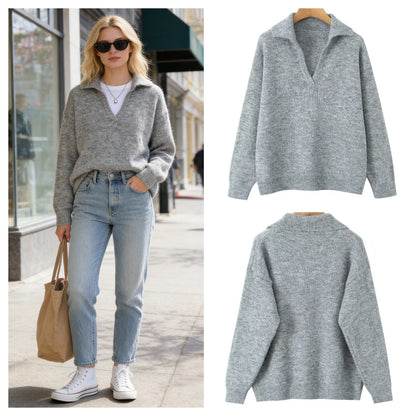 Damen Strickpullover Stehkragen V-Ausschnitt Norvielle - Norvielle
