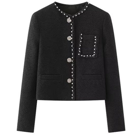 Damen Elegante Jacke Perlenverzierter Kragen Schwarz - Norvielle