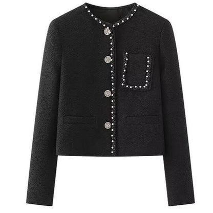 Damen Elegante Jacke Perlenverzierter Kragen Schwarz - Norvielle