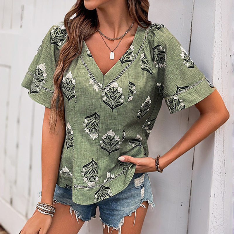 Damen Bluse Blumenmuster V-Ausschnitt Norvielle