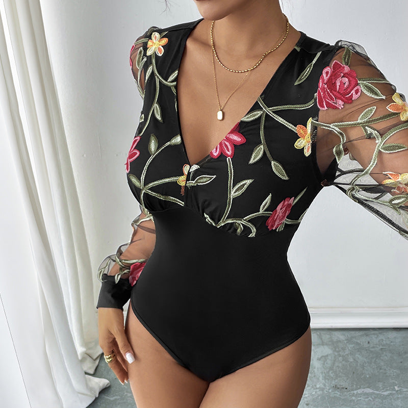 Damen Body mit bestickten Puffärmeln und V-Ausschnitt