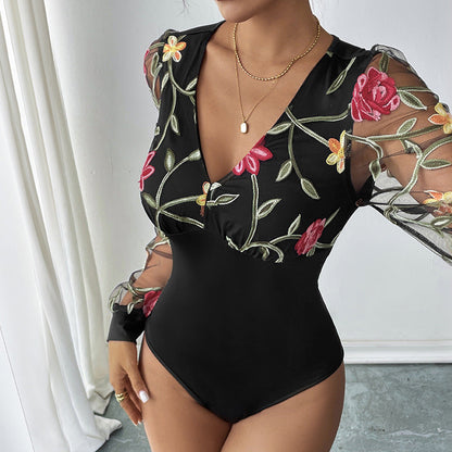 Damen Body mit bestickten Puffärmeln und V-Ausschnitt