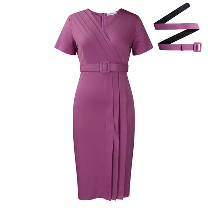 Damen Midi-Kleid Asymmetrisch Wickel-Design Gürtel Norvielle