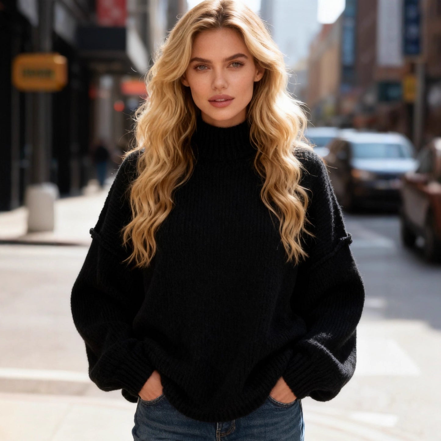 Damen Strickpullover Weite Ärmel Leichter Stoff Beige