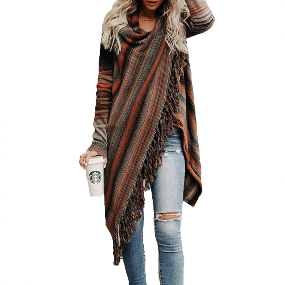 Damen Überwurf Kuschel-Fleece mit Fransen Einzigartiges Design Beige