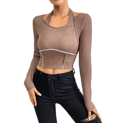 Damen Cropped Langarmshirt Twist-Design Multifarben