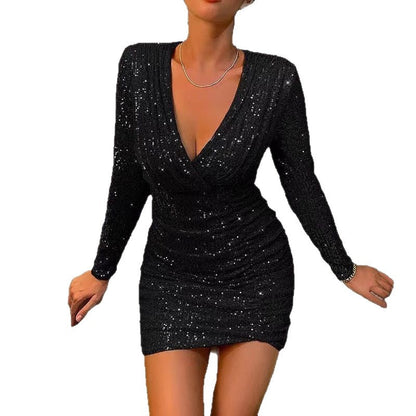 Damen Minikleid Glitzernd V-Ausschnitt Langer Arm Norvielle