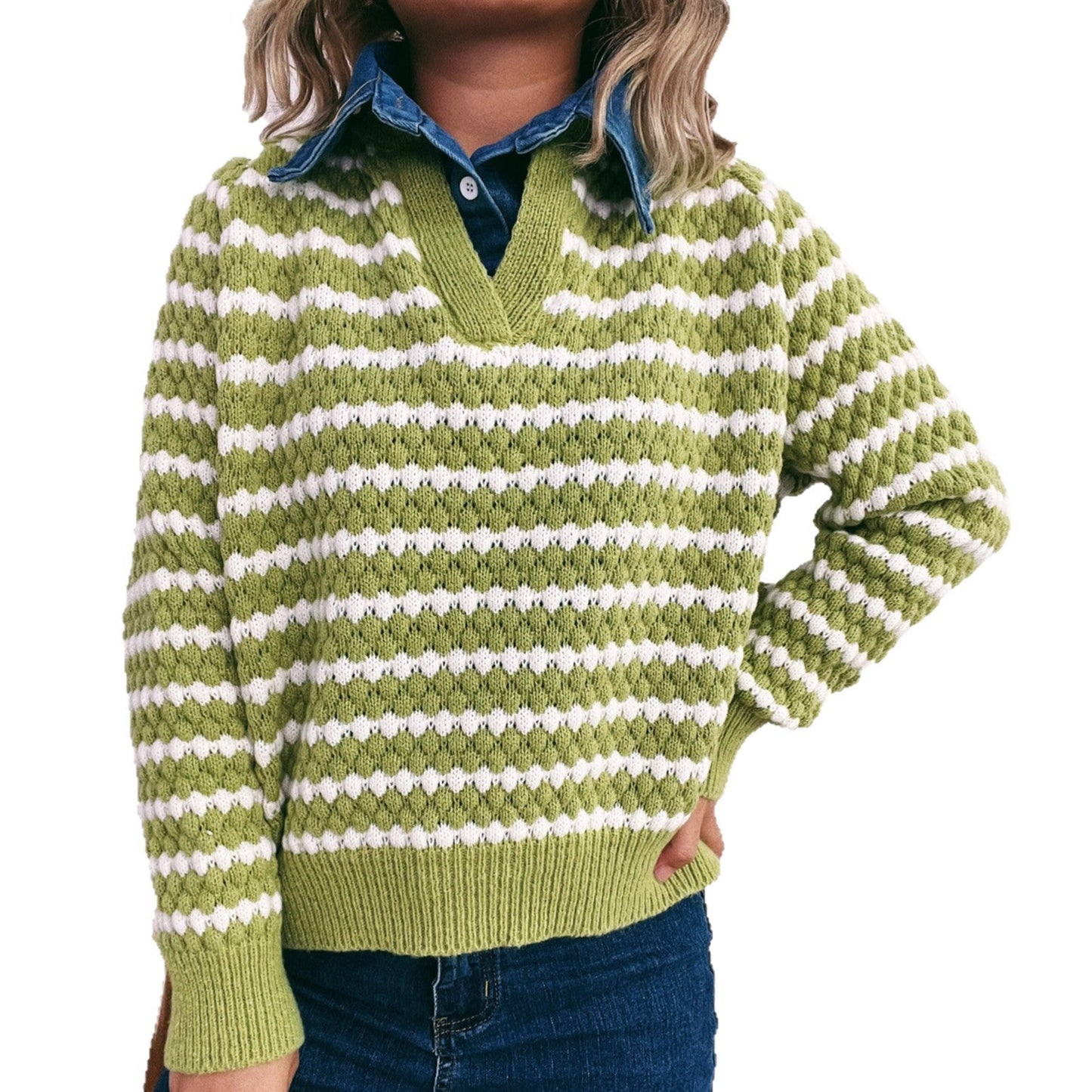 Damen Strickpullover V-Ausschnitt Streifenmuster