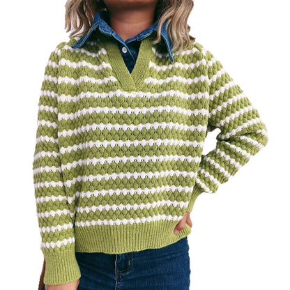 Damen Strickpullover V-Ausschnitt Streifenmuster
