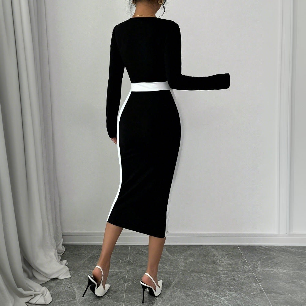 Damen Midi-Kleid Figurbetont Quadratischer Ausschnitt Kontrastakzente