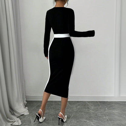 Damen Midi-Kleid Figurbetont Quadratischer Ausschnitt Kontrastakzente
