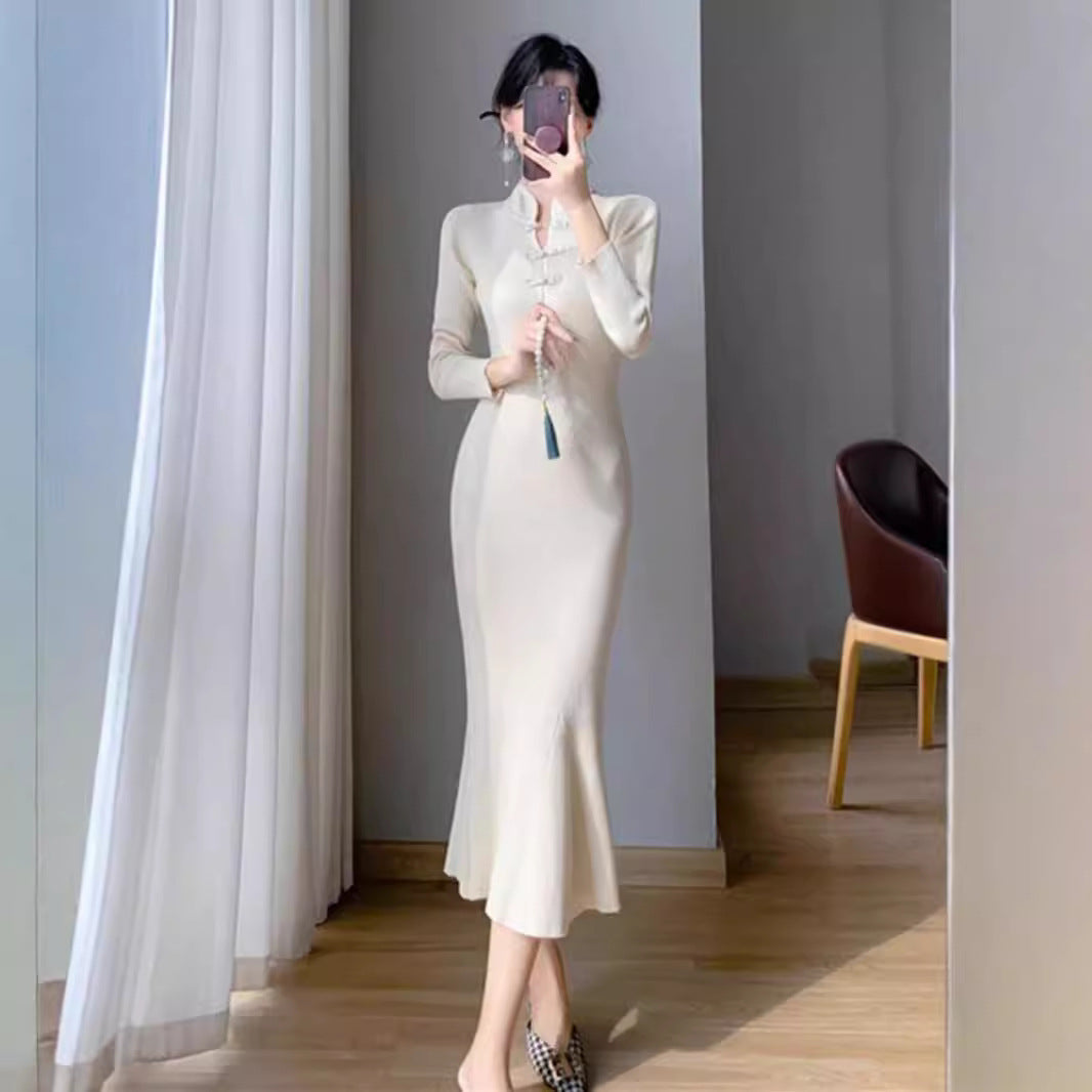 Damen Strickkleid Hochkragen Dekorative Knöpfe Norvielle