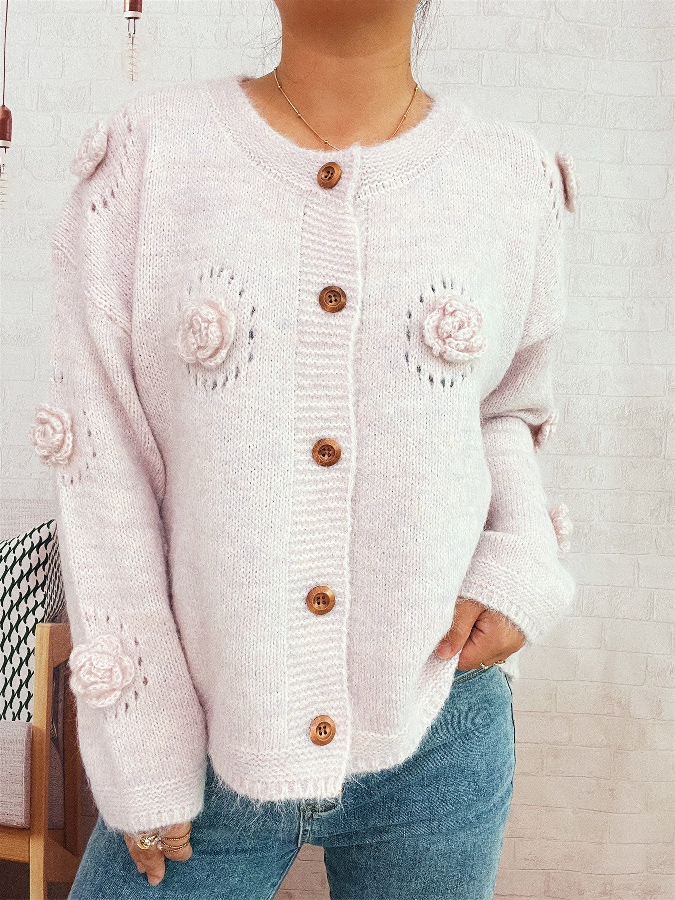 Damen Strickjacke mit Floralmuster und Knöpfen Norvielle
