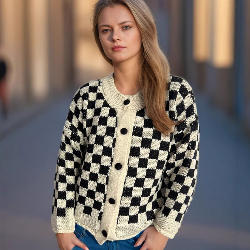 Damen Strickjacke Gemustert Große Knöpfe Locker Norvielle
