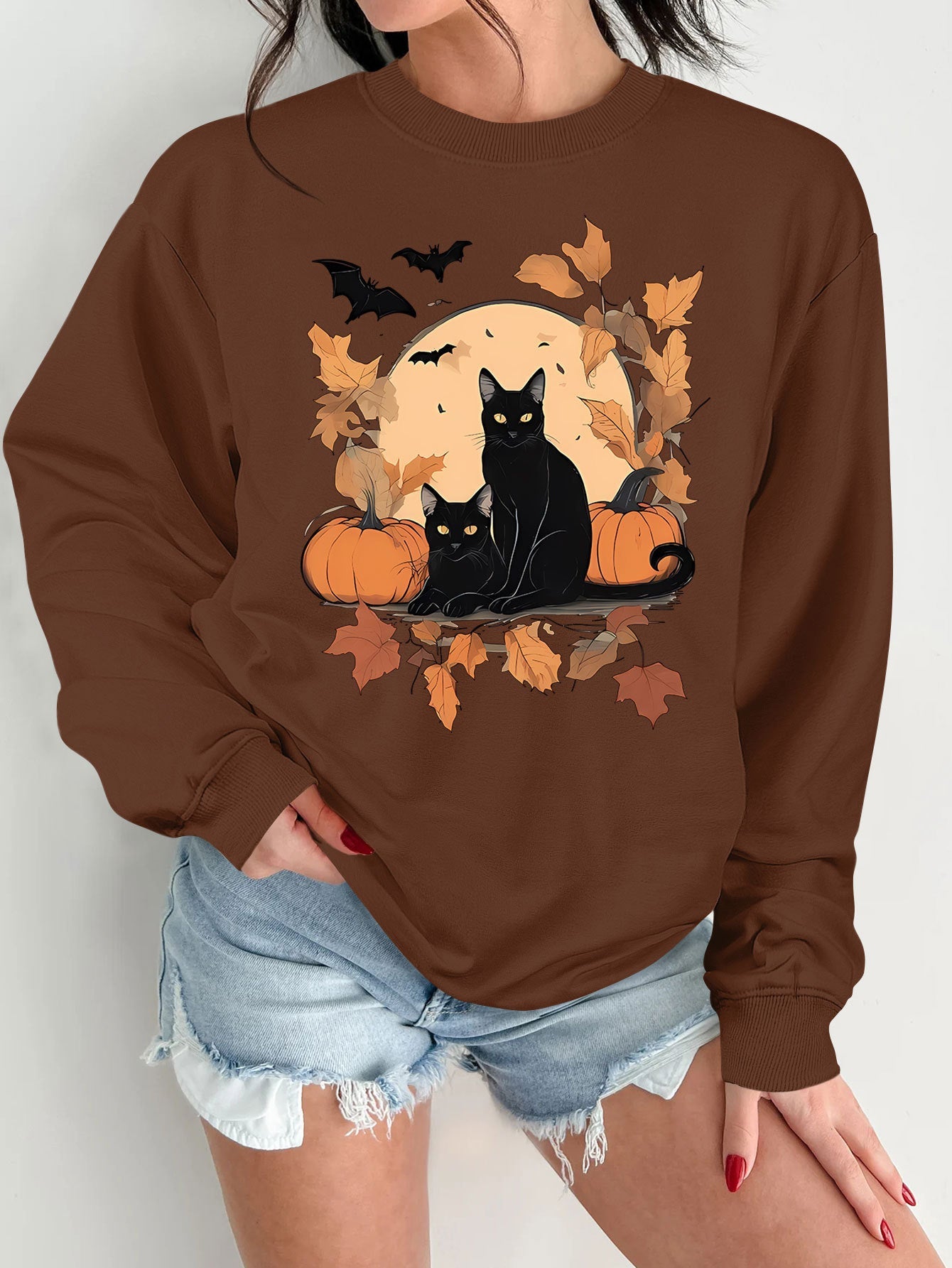 Damen Sweatshirt Herbstlich Katzen Kürbis Design Norvielle