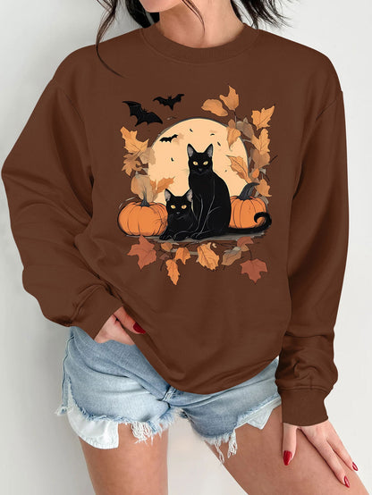 Damen Sweatshirt Herbstlich Katzen Kürbis Design Norvielle