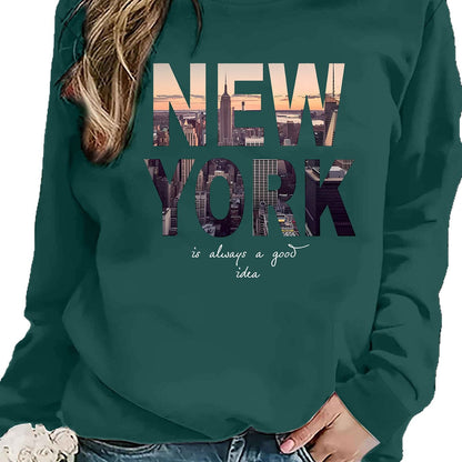 Damen Sweatshirt New York Skyline Druck Baumwolle Gemütlich Grau