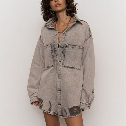 Damen Jeansjacke Distressed Look dunkelblau
