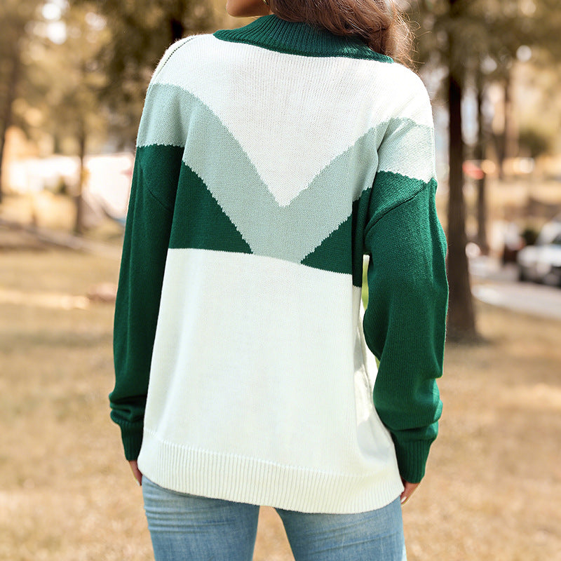 Damen Pullover Colorblock-Design Knopfleiste Hochkragen Norvielle