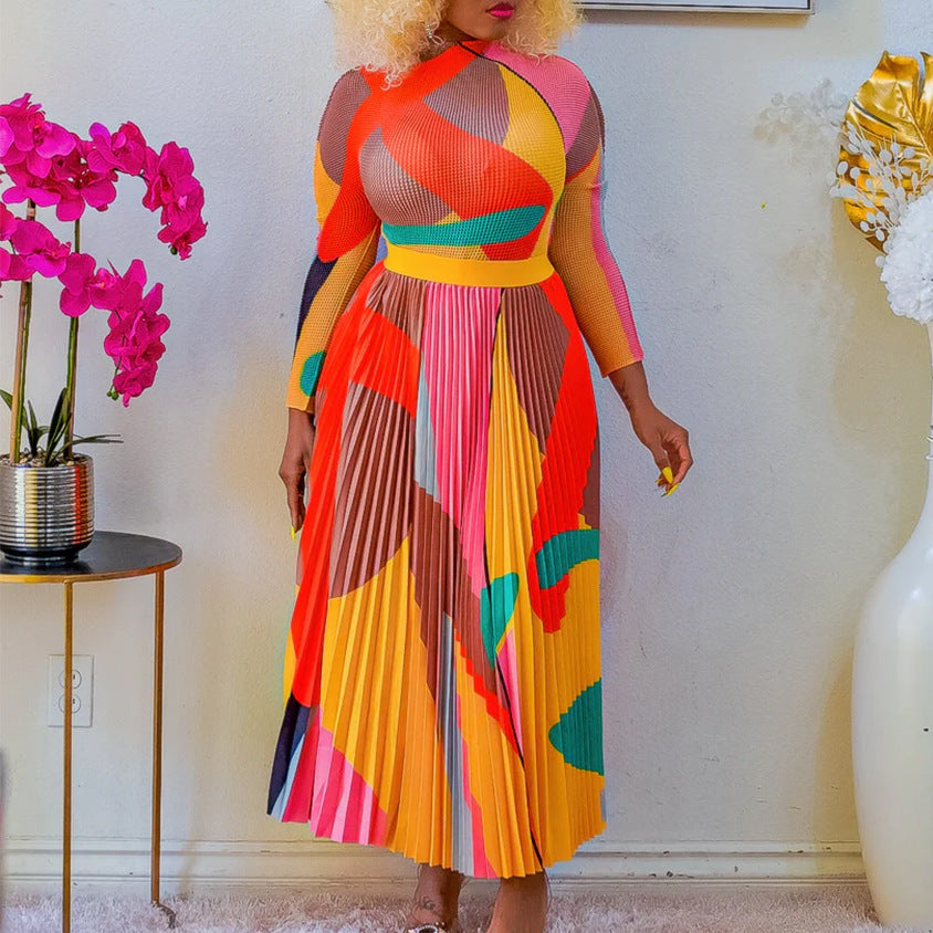 Damen Maxikleid mit Grafikdesign und Plissee-Optik Norvielle