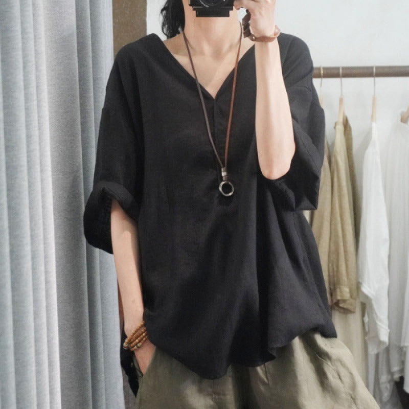 Damen Leinen-T-Shirt Oversized V-Ausschnitt Lässig Beige